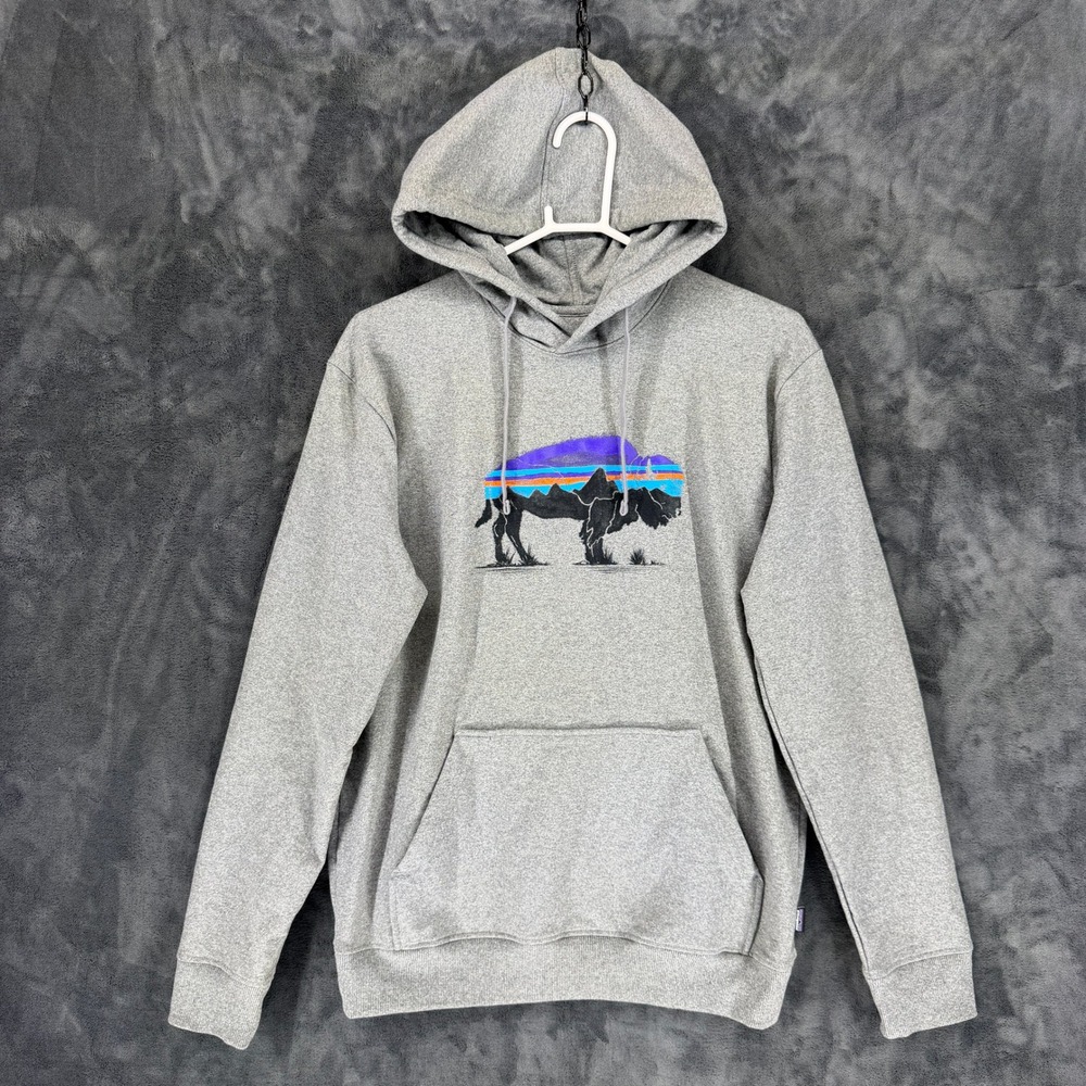 Patagonia Uprisal Hoody Mens M Gray‎ Bison Graphic Hoodie 39582 Gravel Heather